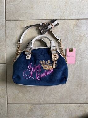 Juicy Couture Navy Suede Satchel with Pink Logo & Gold Hardware